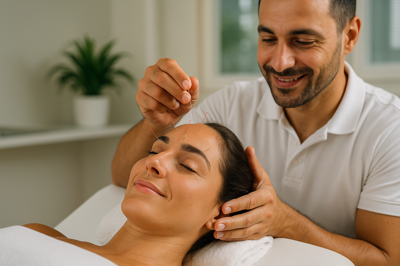 Therapist at Physio Cure Dubai clinic inserting fine needles into a woman’s forehead, demonstrating Acupuncture for Chronic Headaches treatment session