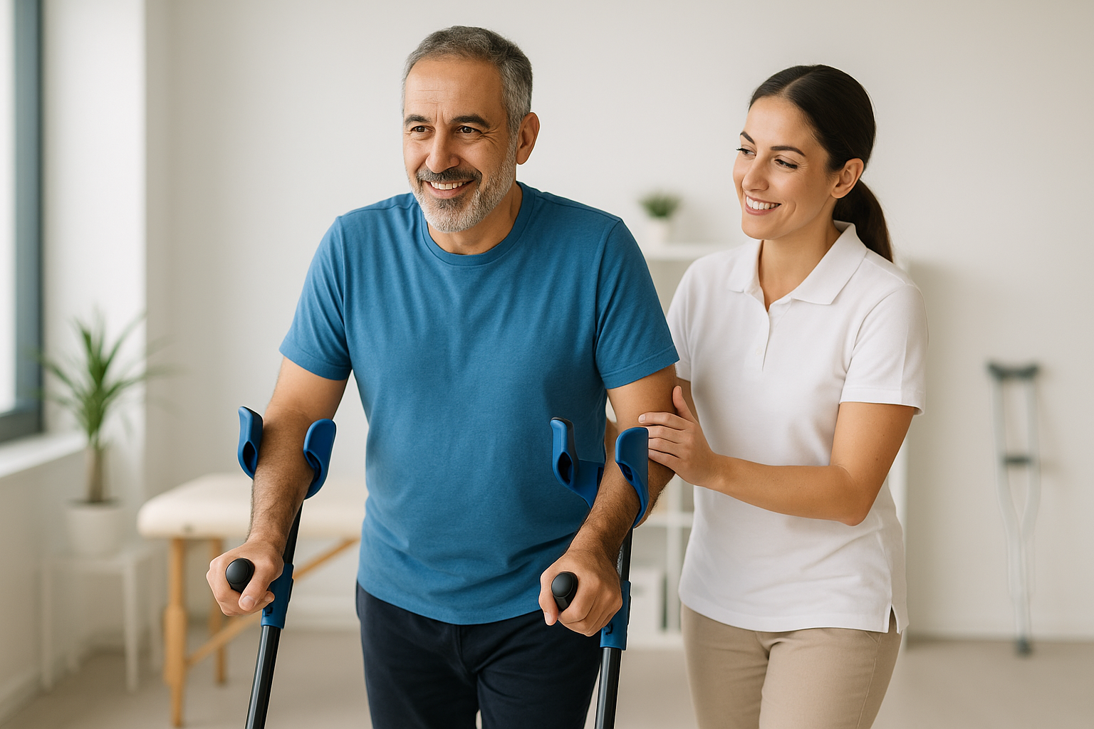 Patient practicing gait training with forearm crutches at Physio Cure Dubai clinic, showcasing Assistive Devices in Neurological Rehab as a caring physiotherapist supports recovery in a bright therapy room.