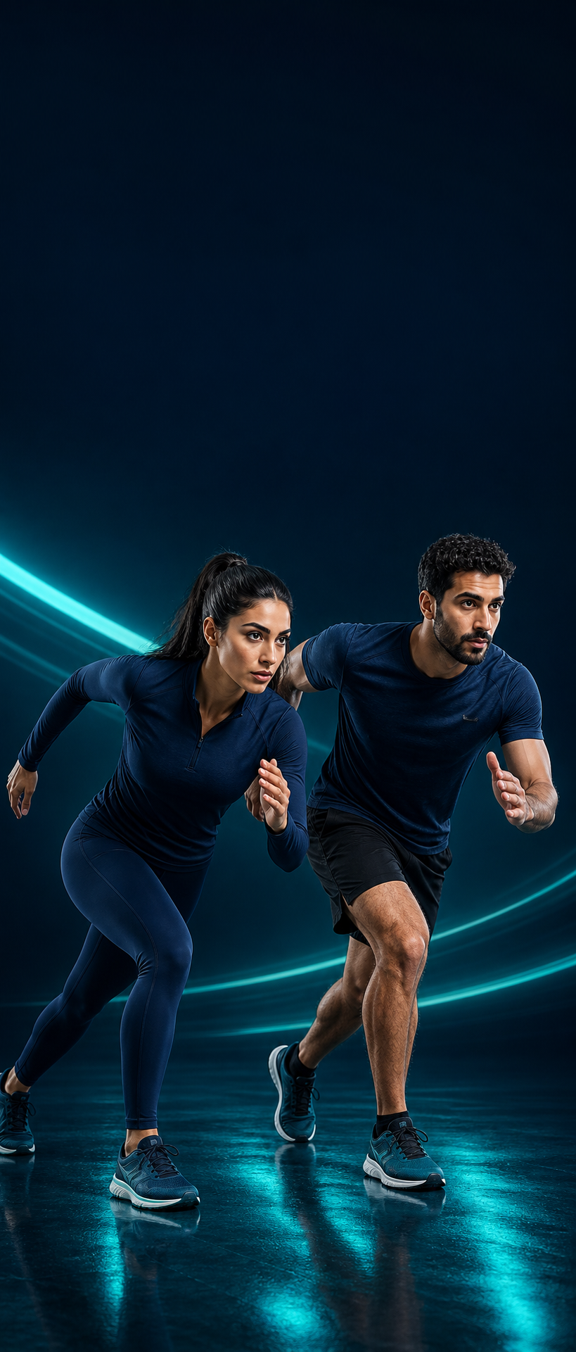 Arab male and female athletes moving forward together in sportswear