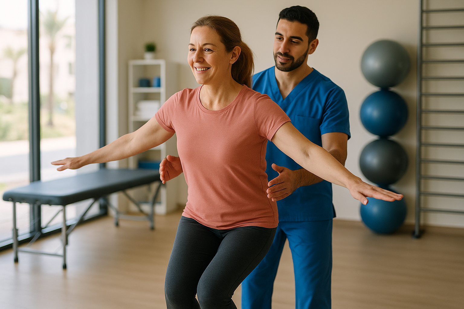 Female patient performing Balance and Coordination Training with a physiotherapist at Physio Cure Dubai clinic, practicing stability exercises in a bright modern therapy room.