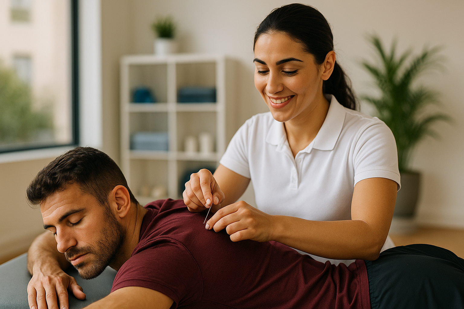 Smiling physiotherapist performing dry needling on male athlete’s shoulder at Physio Cure Dubai clinic, illustrating Benefits of Dry Needling for Athletes such as pain relief, faster muscle recovery, and enhanced performance