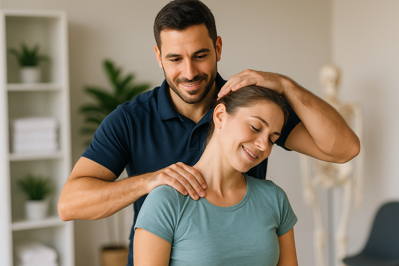 Physio Cure Dubai clinic therapist gently performing neck adjustment on a relaxed female patient, showcasing Benefits of Joint Manipulation for pain relief and enhanced mobility.
