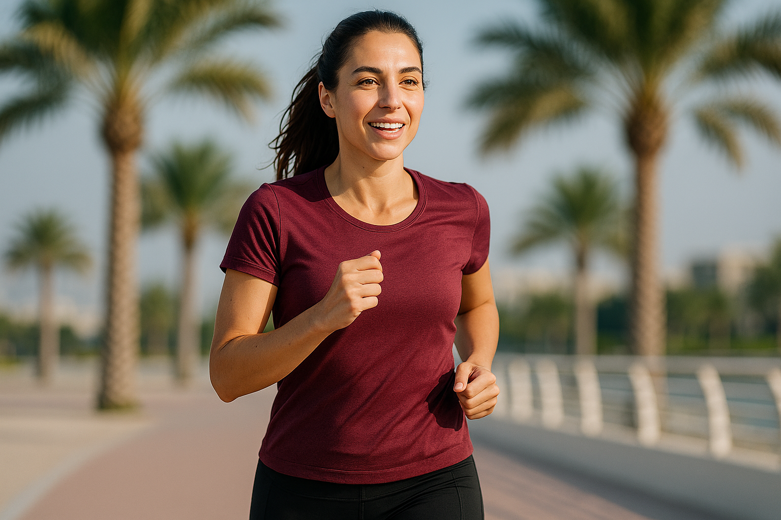 Smiling woman jogging on palm-lined Dubai waterfront promenade, demonstrated by Physio Cure Dubai clinic as one of the Best Aerobic Exercises for Lung Health