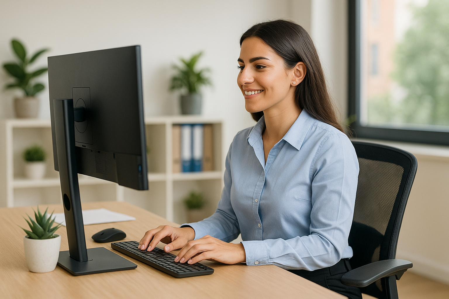 Smiling office worker demonstrating neutral spine alignment at adjustable workstation, illustrating Best Desk Ergonomics for Posture Improvement recommended by Physio Cure Dubai clinic