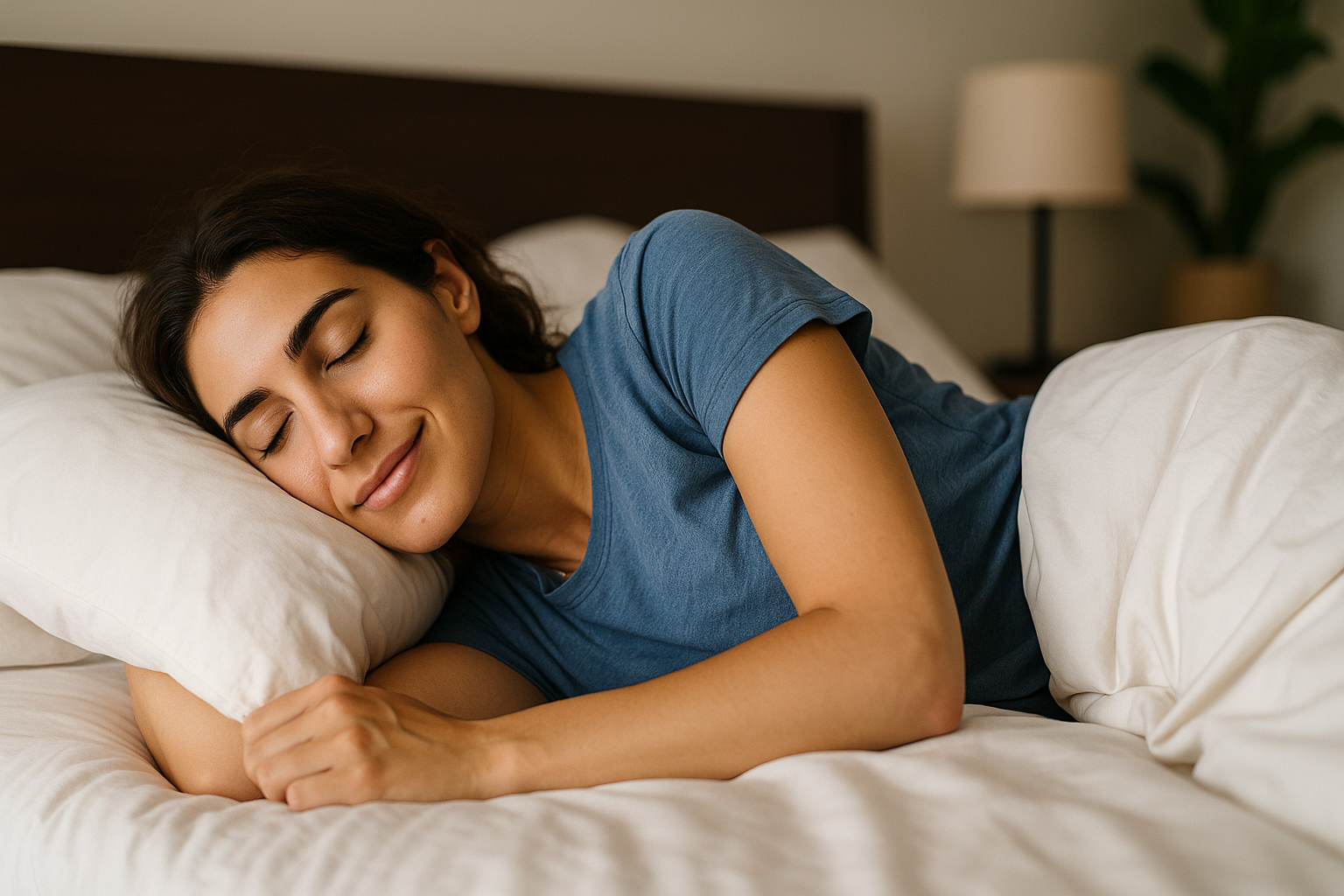Woman sleeping comfortably on her side with a relaxed smile, demonstrating Best Sleeping Positions for Better Posture guidance from Physio Cure Dubai clinic