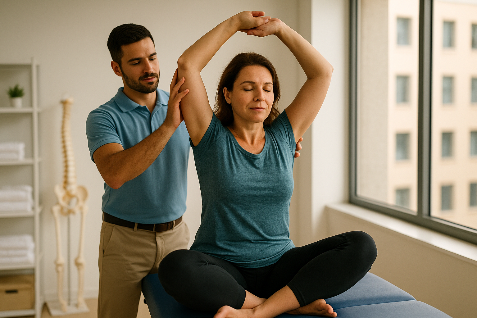 Physio Cure Dubai clinic therapist guiding woman through seated overhead arm stretch on treatment table, demonstrating Best Stretches for Back Pain in modern physiotherapy room