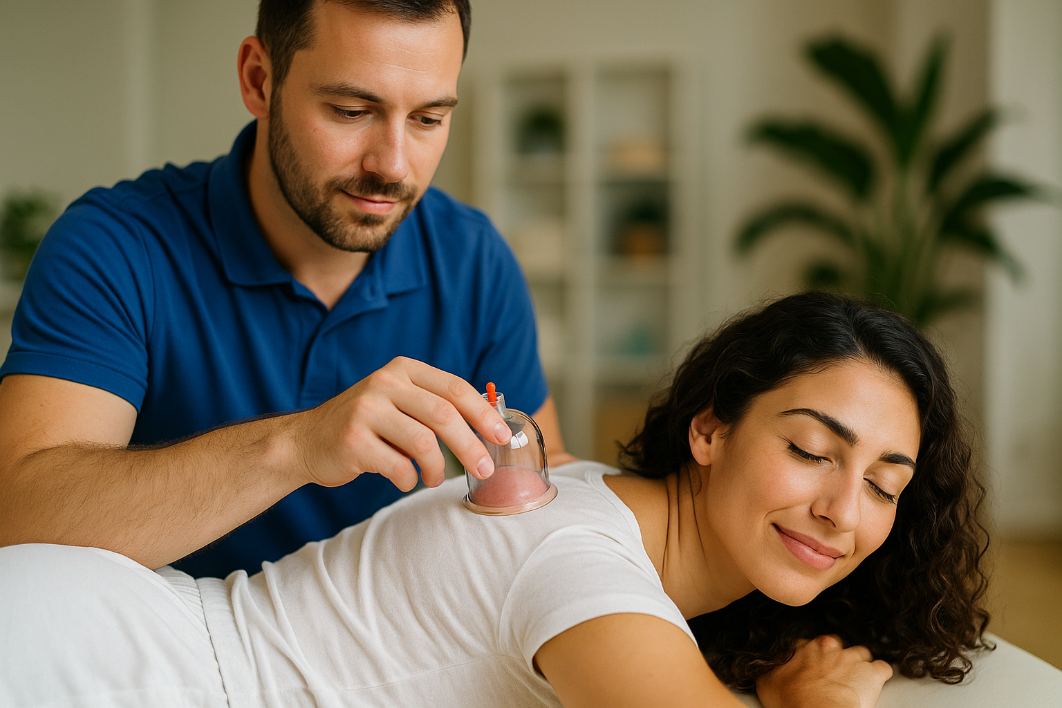 Female patient relaxing during back cupping therapy session by therapist at Physio Cure Dubai clinic – Can Cupping Help with Stress & Anxiety?