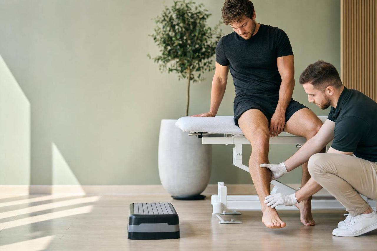 Runner on a treatment couch as a therapist examines the Achilles area, with a step block nearby