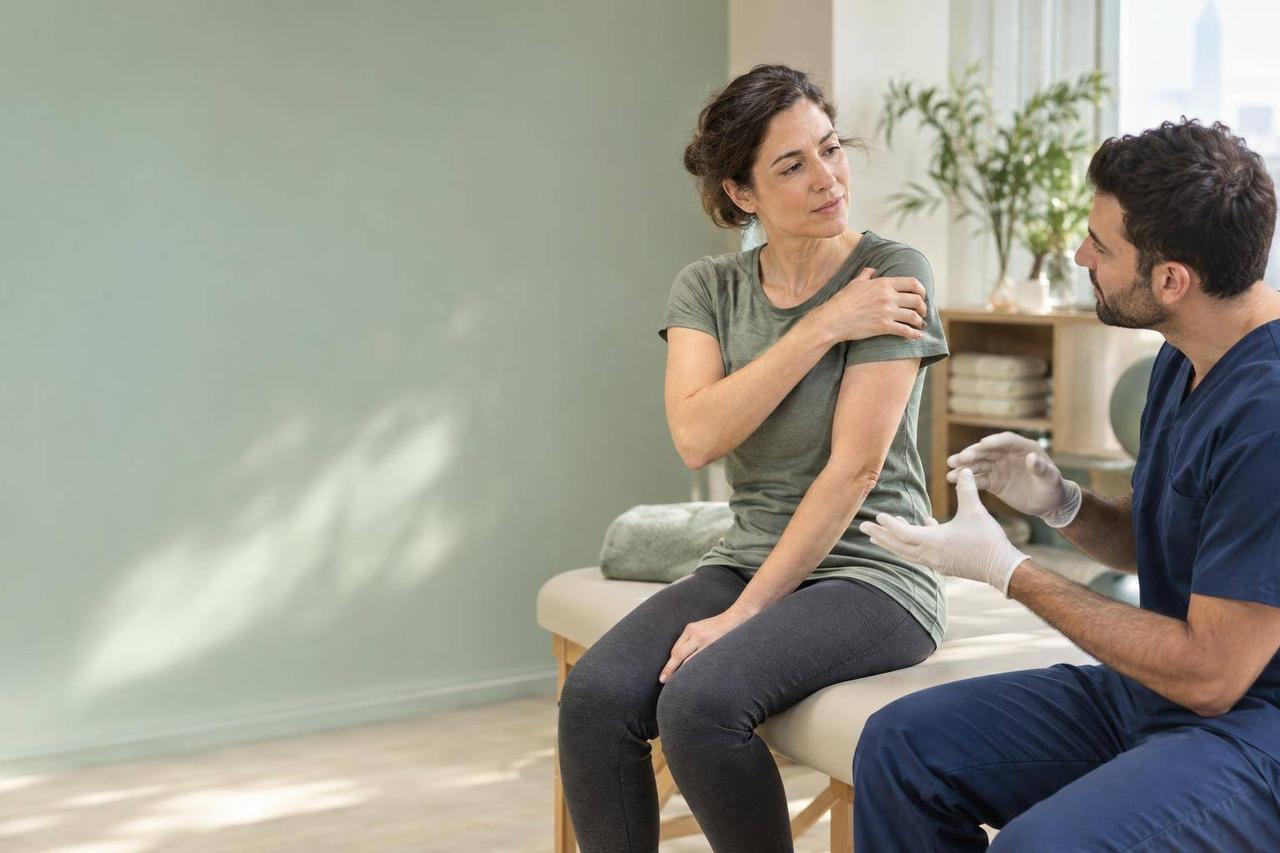 An adult discusses sleep and persistent pain with a physiotherapist