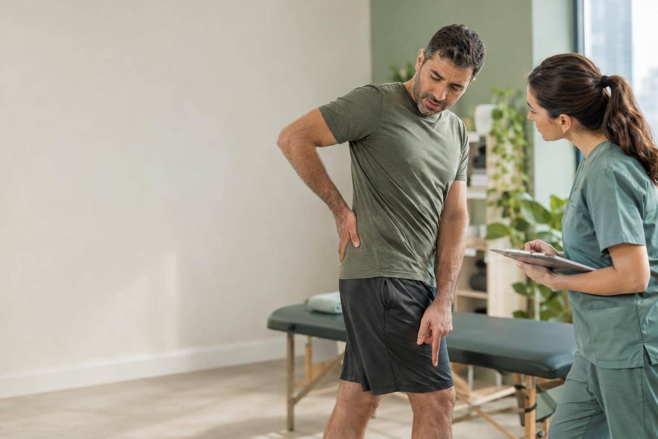 A man in activewear stands in a clinical room, holding his lower back and pointing downward, while a woman in scrubs holding a clipboard looks at him
