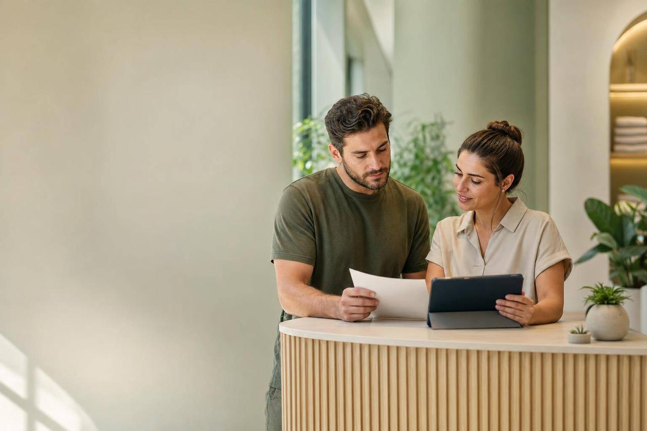 Patient and clinic administrator review insurance paperwork and a tablet at a calm Dubai reception desk