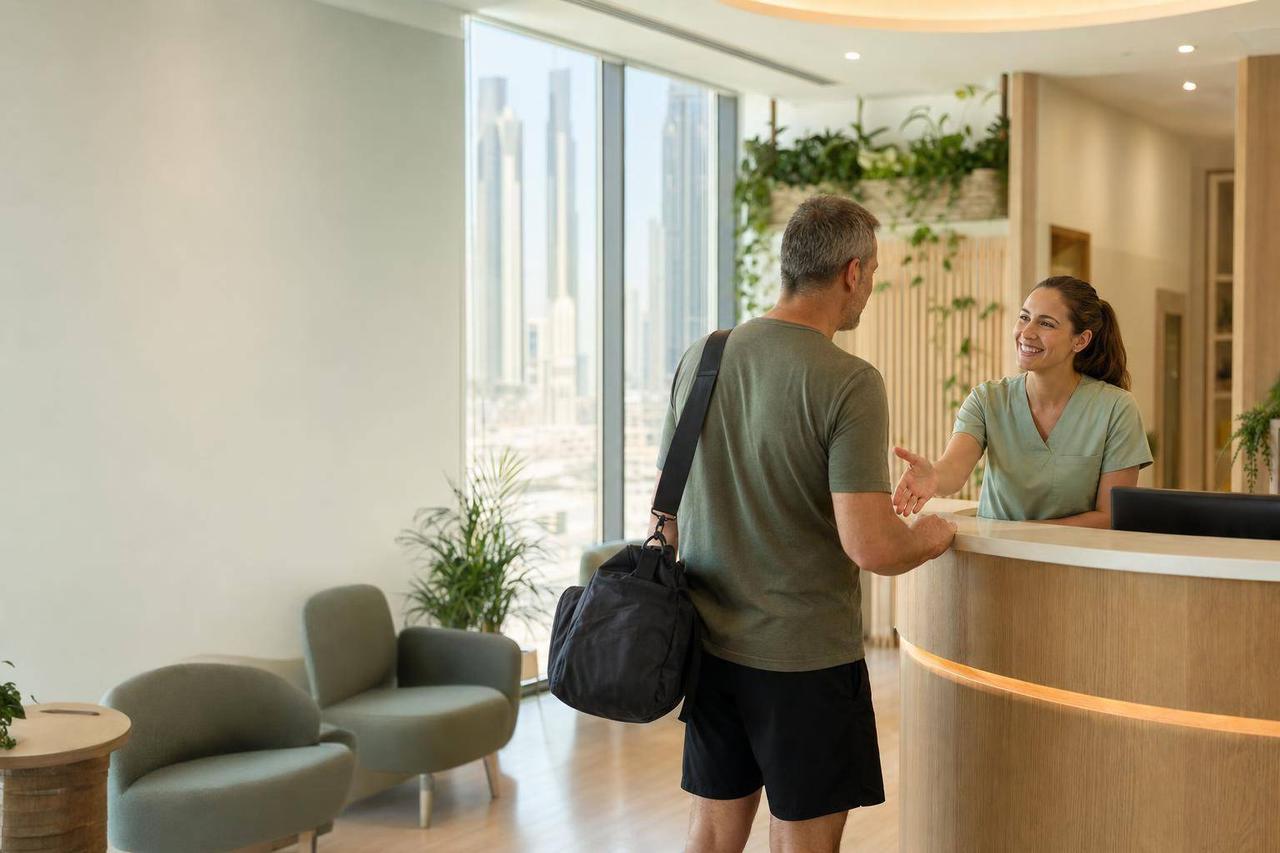 A man with a shoulder bag greets a smiling receptionist at a bright clinic reception desk
