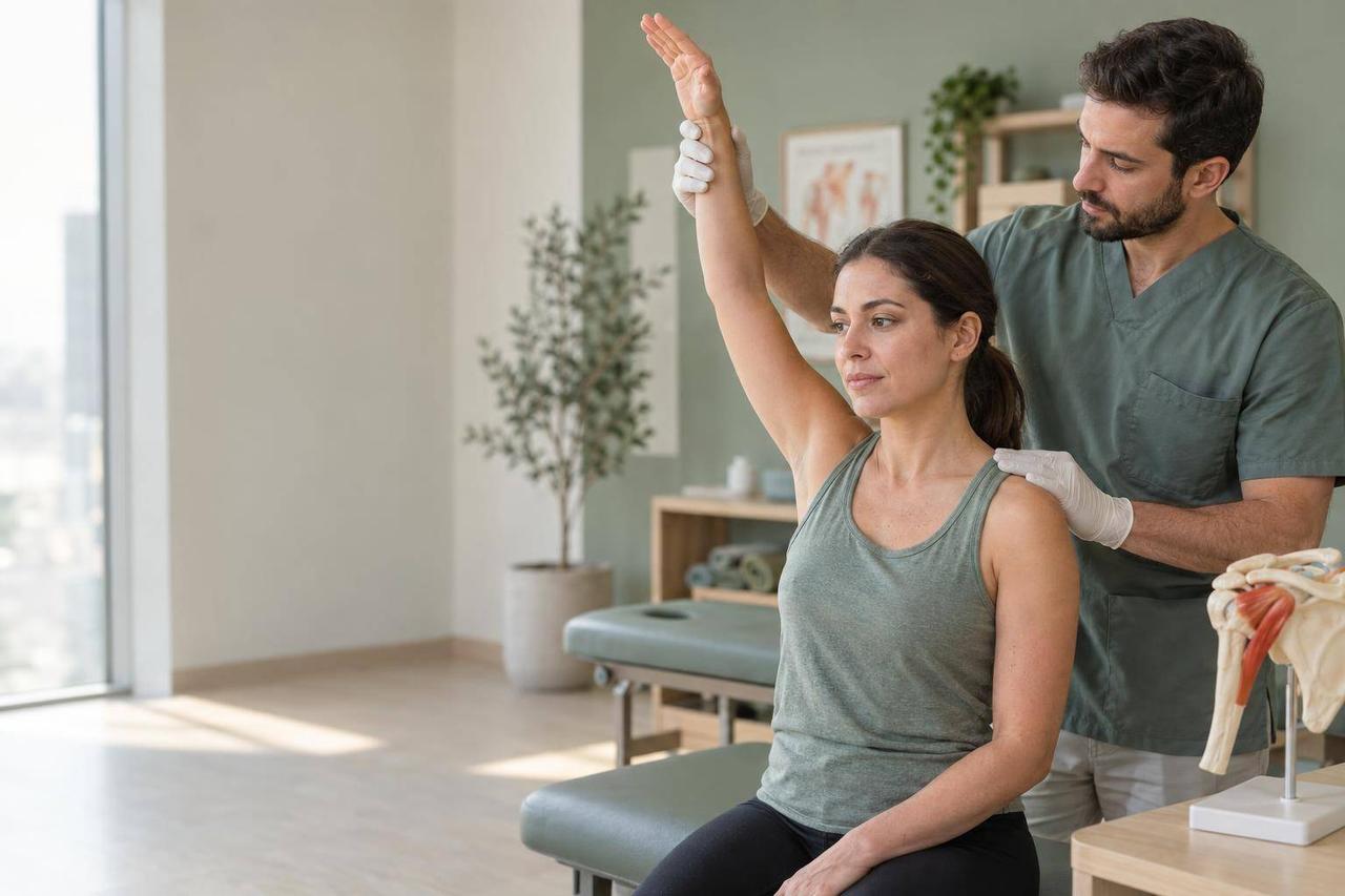A seated woman raises one arm while a male clinician in scrubs examines her shoulder in a bright clinic room