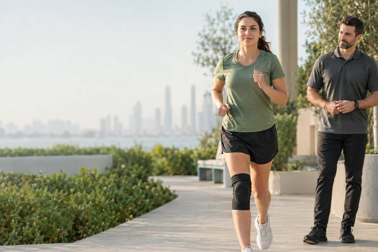 A person jogs on a path while another person watches nearby