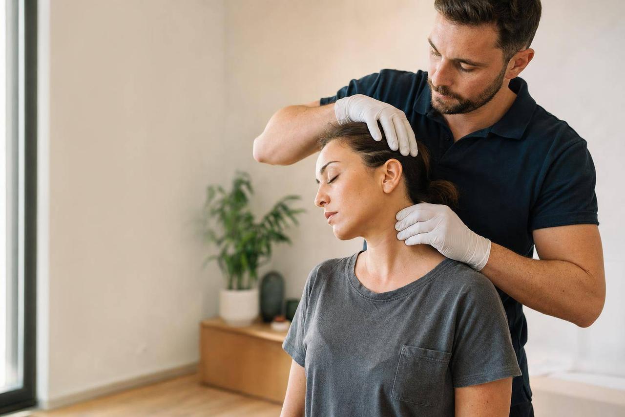 A gloved clinician examines a seated woman's head and neck in a bright clinic room