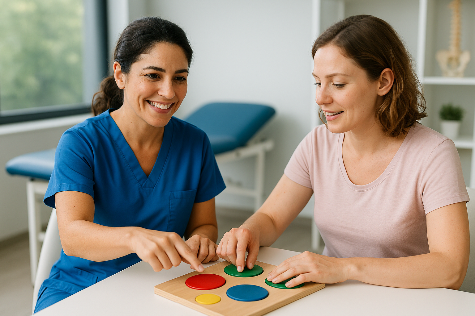Therapist guiding a woman through a colored shape board exercise during Cognitive Rehabilitation Therapy at Physio Cure Dubai clinic