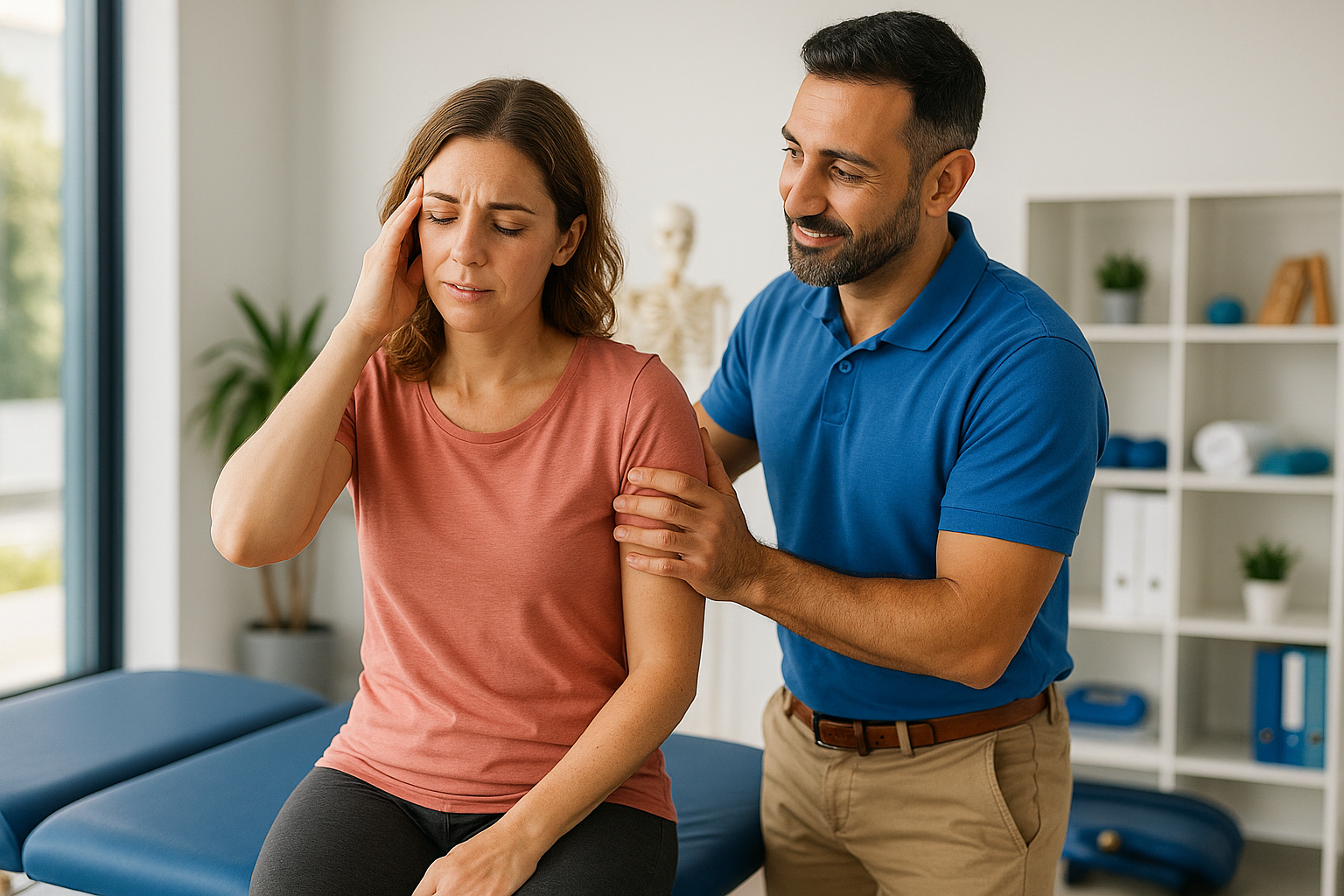 Physio Cure Dubai clinic physiotherapist supporting a woman experiencing vertigo, illustrating treatment and discussion of Common Causes of Dizziness and Balance Issues