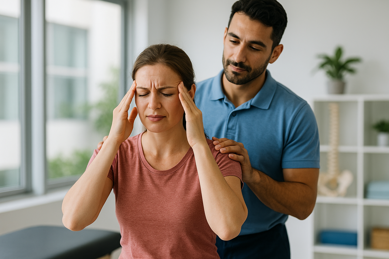 Physio Cure Dubai clinic therapist gently assessing a woman massaging her temples to relieve tension, illustrating Common Causes of Headaches and How Physiotherapy Helps through targeted neck and shoulder treatment.