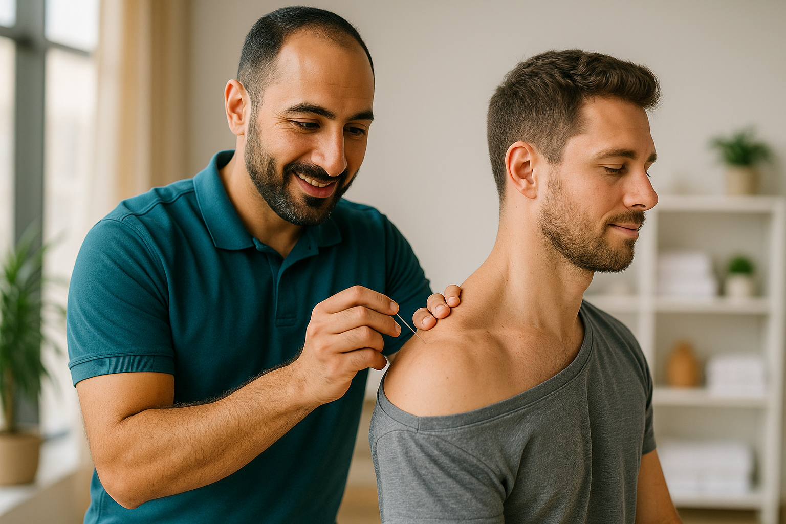 Physio Cure Dubai clinic physiotherapist performing dry needling on a male patient’s shoulder, illustrating Common Conditions Treated with Dry Needling like shoulder pain and muscle tension.