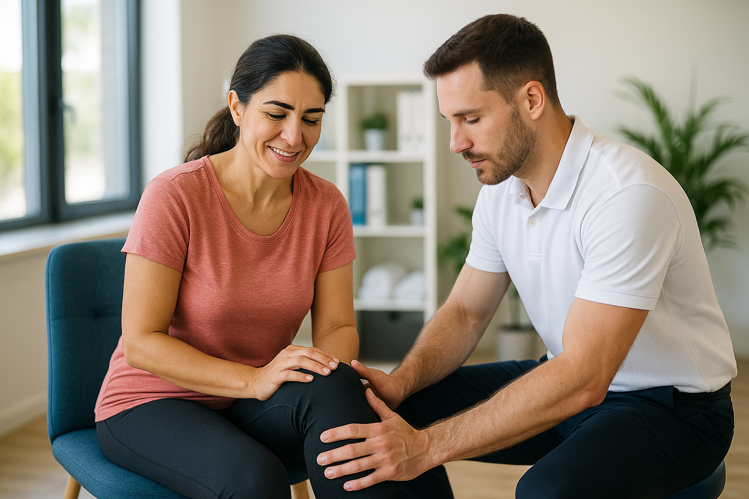 Physio Cure Dubai clinic physiotherapist assessing female patient’s knee pain during consultation, illustrating Common Musculoskeletal Disorders & Treatment session