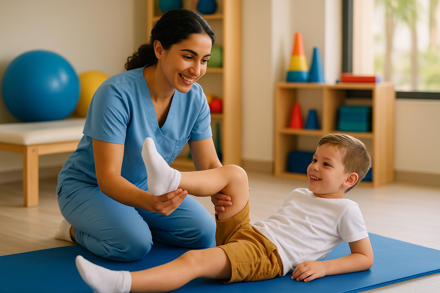 Smiling physiotherapist guiding young boy through leg stretching on a blue mat at Physio Cure Dubai clinic, demonstrating Common Pediatric Physiotherapy Techniques with colorful therapy equipment in the background.