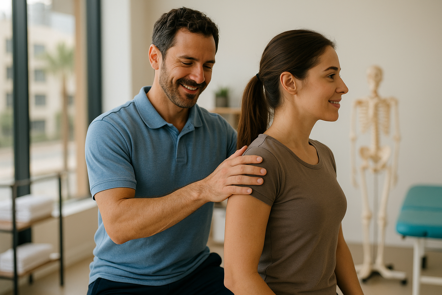 Physio Cure Dubai clinic therapist guiding a female patient through shoulder alignment exercises, demonstrating Common Postural Issues and How to Fix Them