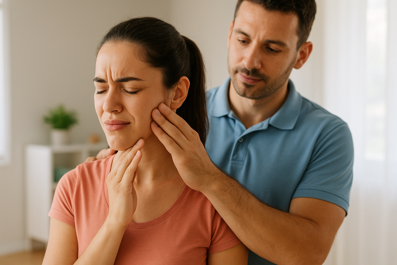 Physio Cure Dubai clinic therapist evaluating young woman’s jaw pain, illustrating Common Symptoms of TMJ Dysfunction such as facial tenderness and difficulty moving the jaw.