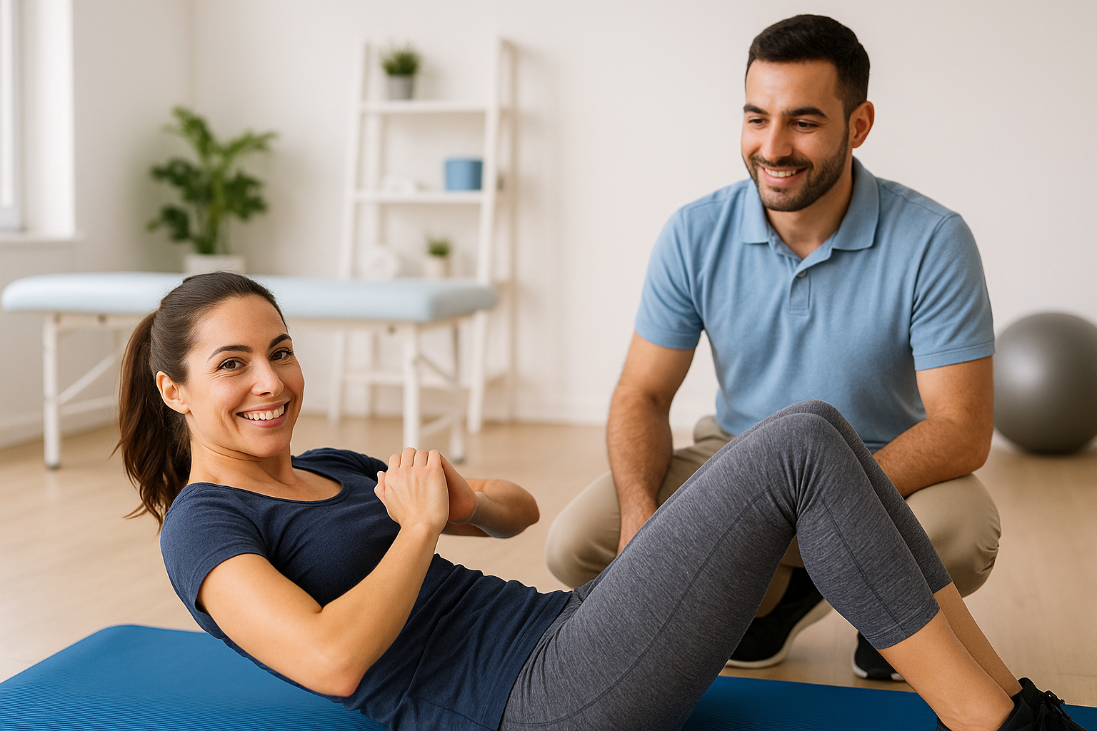 Physio Cure Dubai clinic physiotherapist coaching woman in abdominal crunch exercise on blue mat, demonstrating core strengthening for back pain rehabilitation in bright treatment room