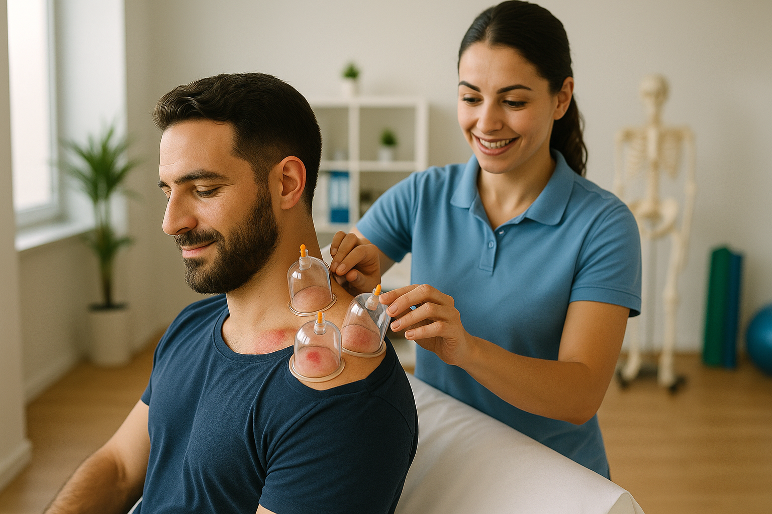 Smiling therapist at Physio Cure Dubai clinic applying three transparent cups on a male patient’s shoulder and neck during a Cupping for Back and Neck Pain Relief session in a bright treatment room