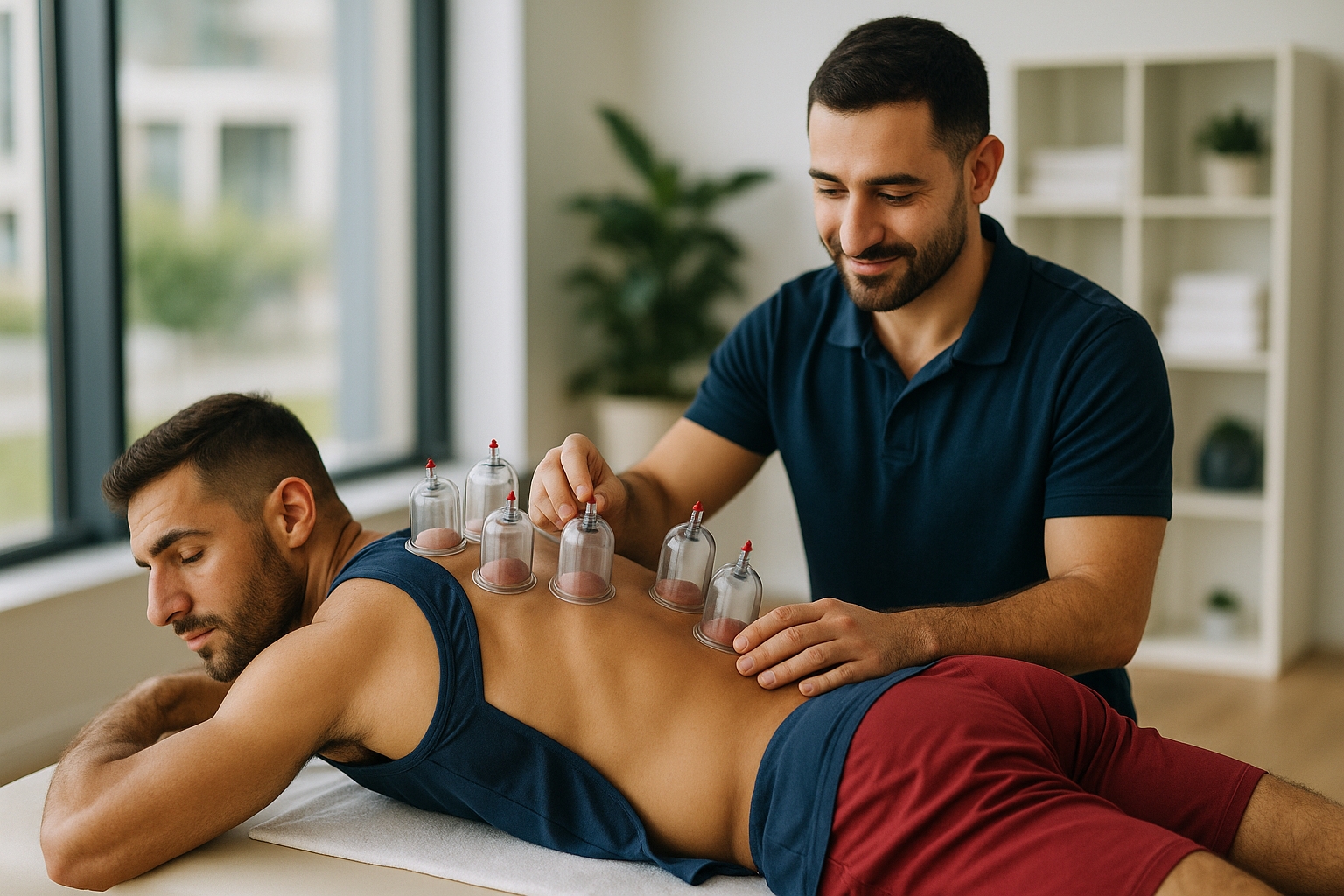Physio Cure Dubai clinic therapist performing Cupping for Muscle Recovery in Athletes on male patient’s back in modern treatment room
