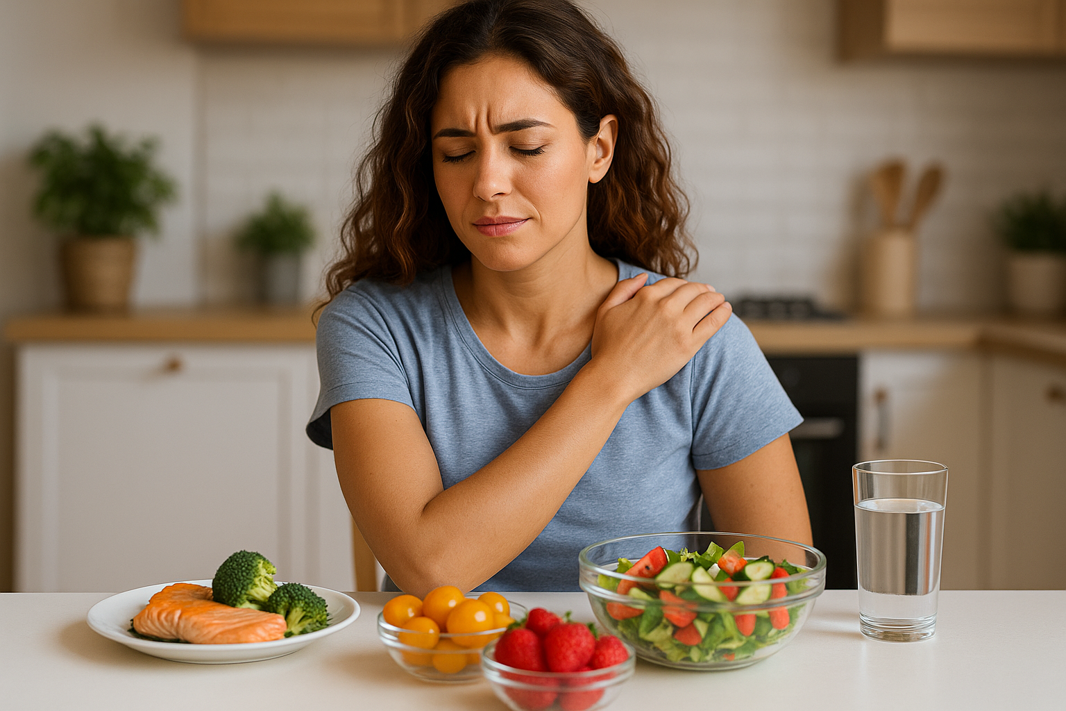 Woman experiencing fibromyalgia shoulder pain sitting at kitchen table with salmon, broccoli, salad, berries and water, showcasing Physio Cure Dubai clinic Diet & Nutrition Tips for Fibromyalgia Patients