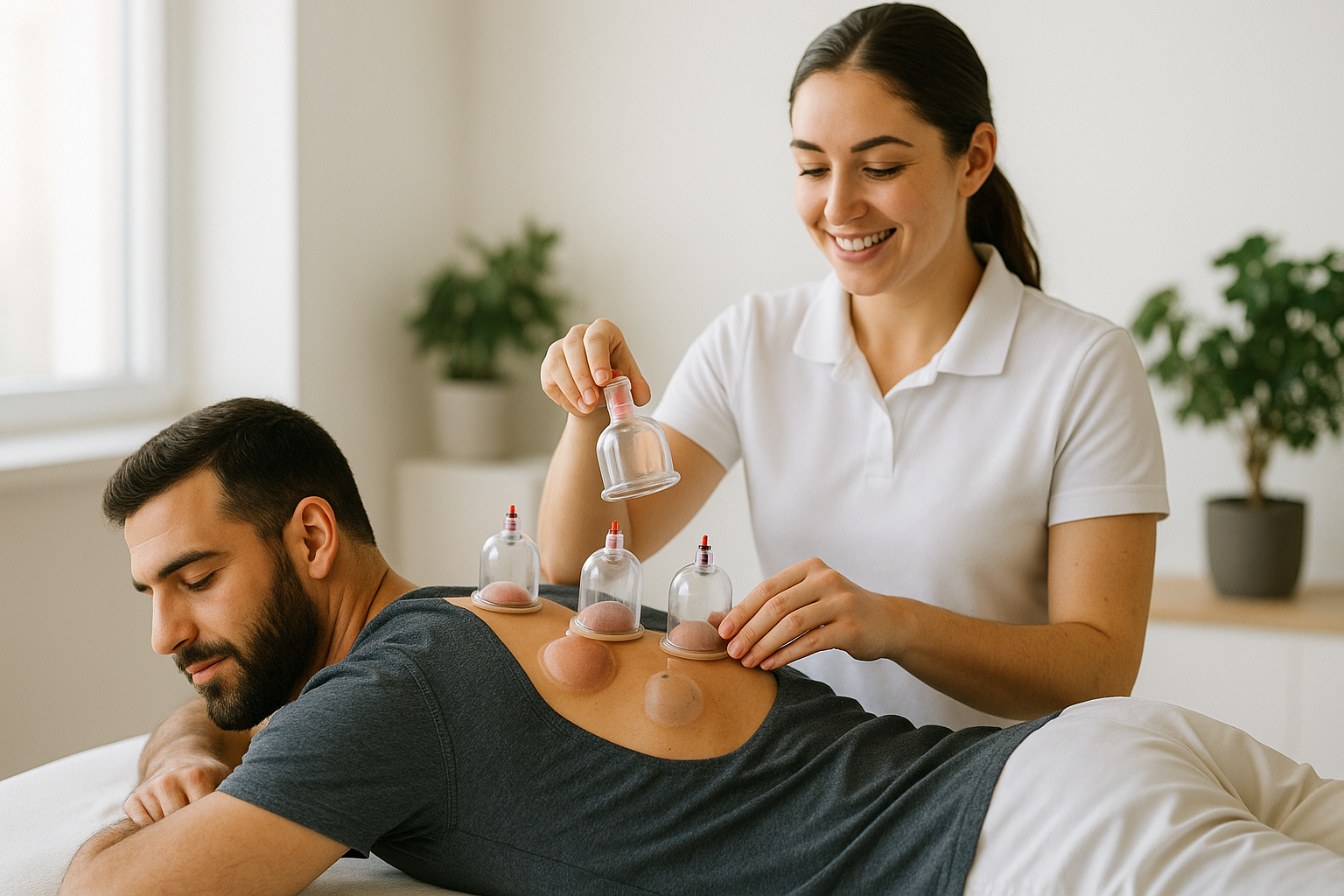 Female physiotherapist applying dry cupping therapy on a male patient’s back at Physio Cure Dubai clinic, demonstrating treatment techniques for Different Types of Cupping (Dry vs. Wet) pain relief and muscle recovery.