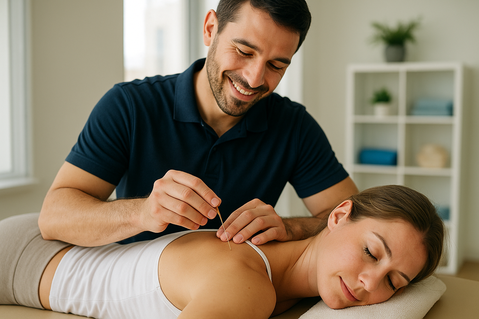 Physio Cure Dubai clinic therapist performing Dry Needling for Chronic Pain Management on relaxed female patient lying face down on treatment table
