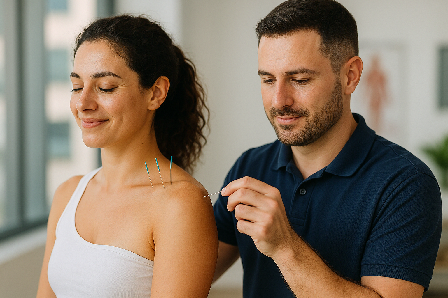 Female patient receiving shoulder needle therapy from physiotherapist, illustrating Physio Cure Dubai clinic session on Dry Needling vs. Acupuncture: Key Differences