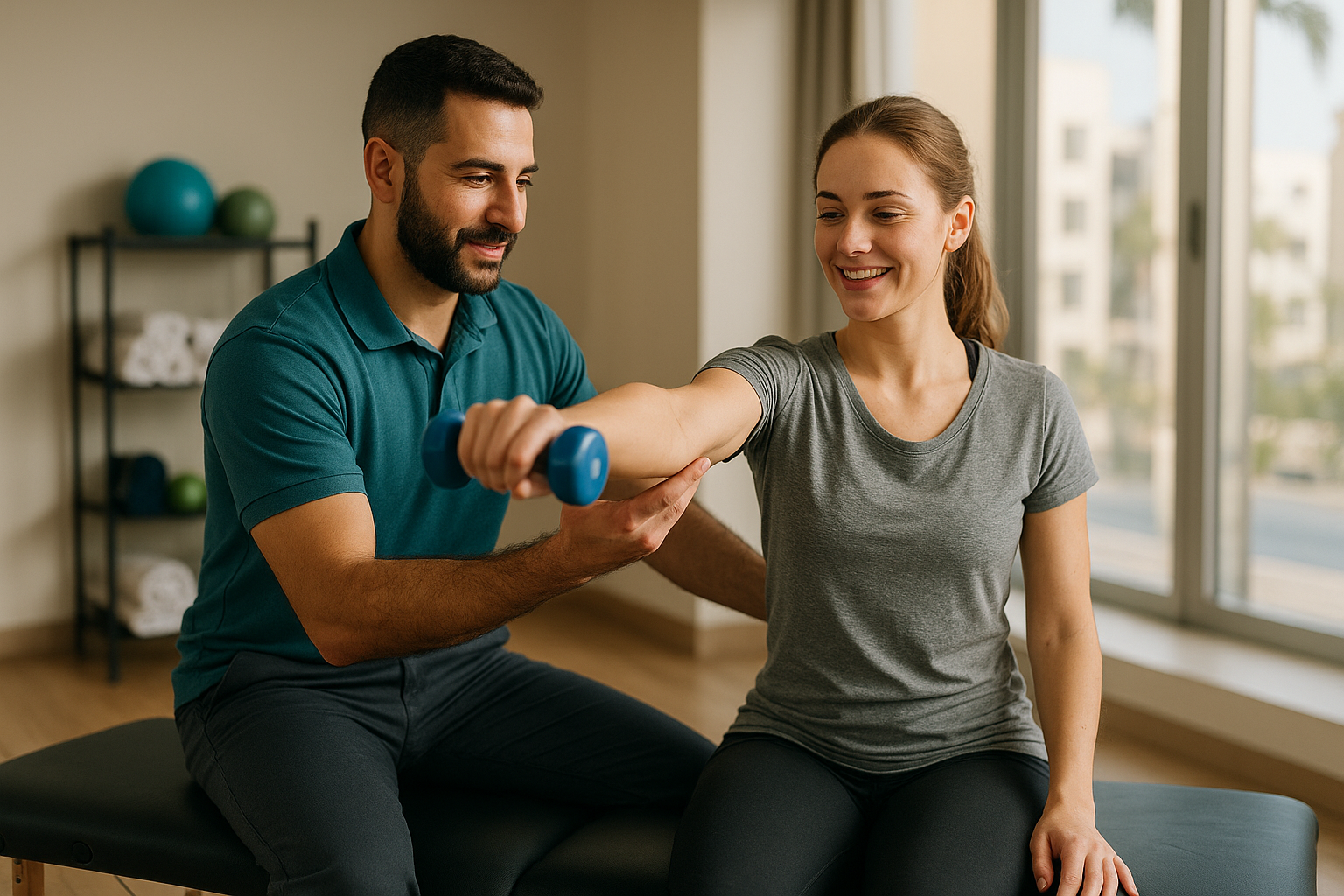Physio Cure Dubai clinic physiotherapist guiding female patient through shoulder dumbbell lift, demonstrating Exercise Therapy for Pain Management in bright treatment room