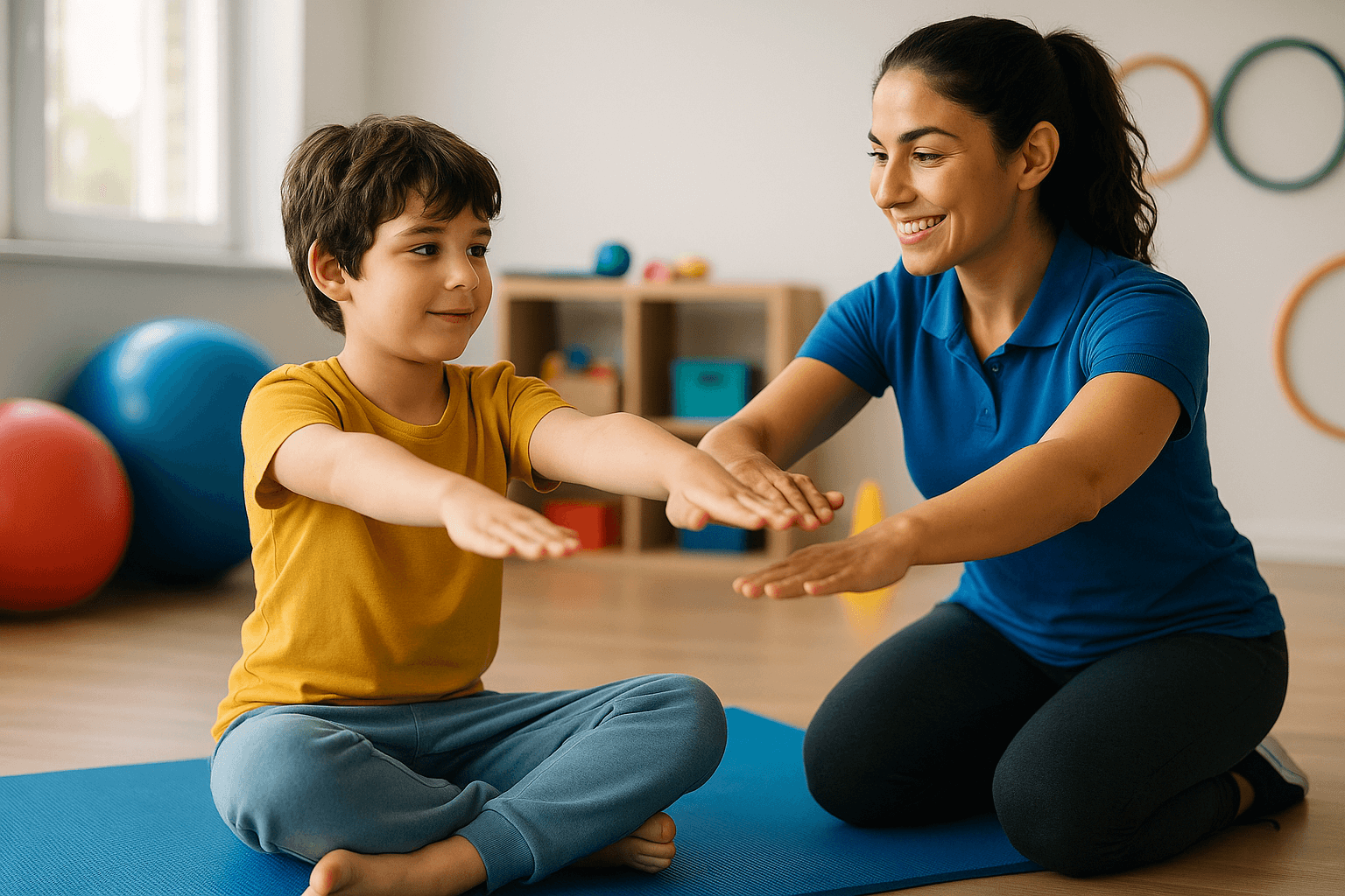 Physio Cure Dubai clinic therapist guiding young boy on blue yoga mat during Exercises for Children with Autism, practicing seated balance and arm extensions in a bright therapy room.