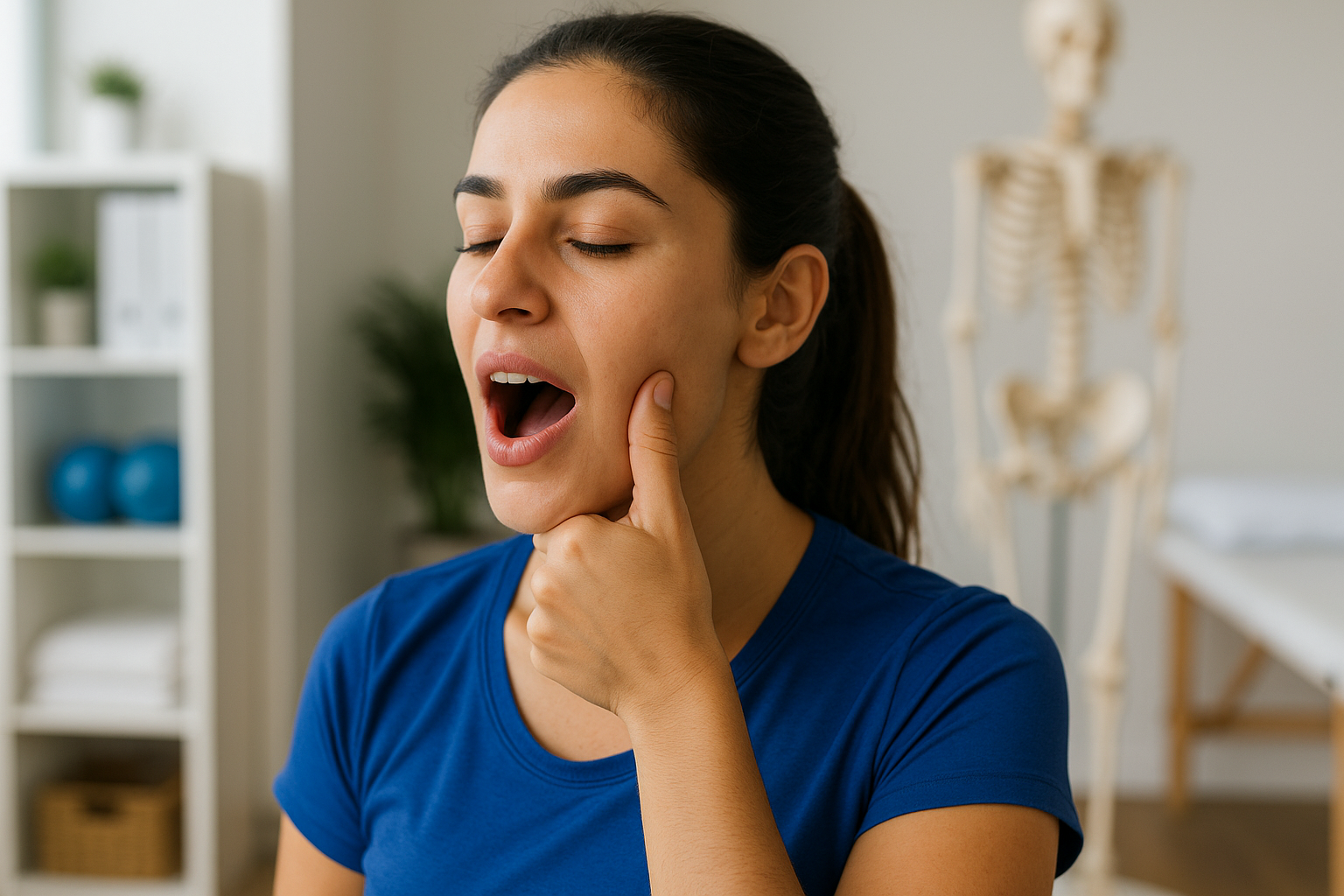 Closeup of young woman practicing finger-assisted jaw stretch at Physio Cure Dubai clinic, part of recommended exercises to improve jaw mobility and reduce TMJ pain