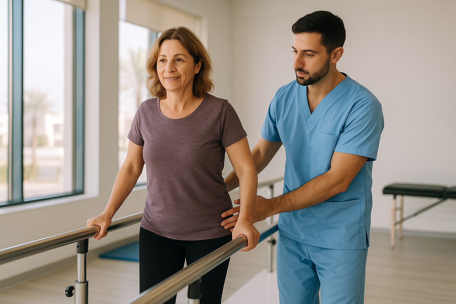 Female patient practicing Gait Training for Neurological Disorders with a physiotherapist using parallel bars at Physio Cure Dubai clinic rehabilitation gym