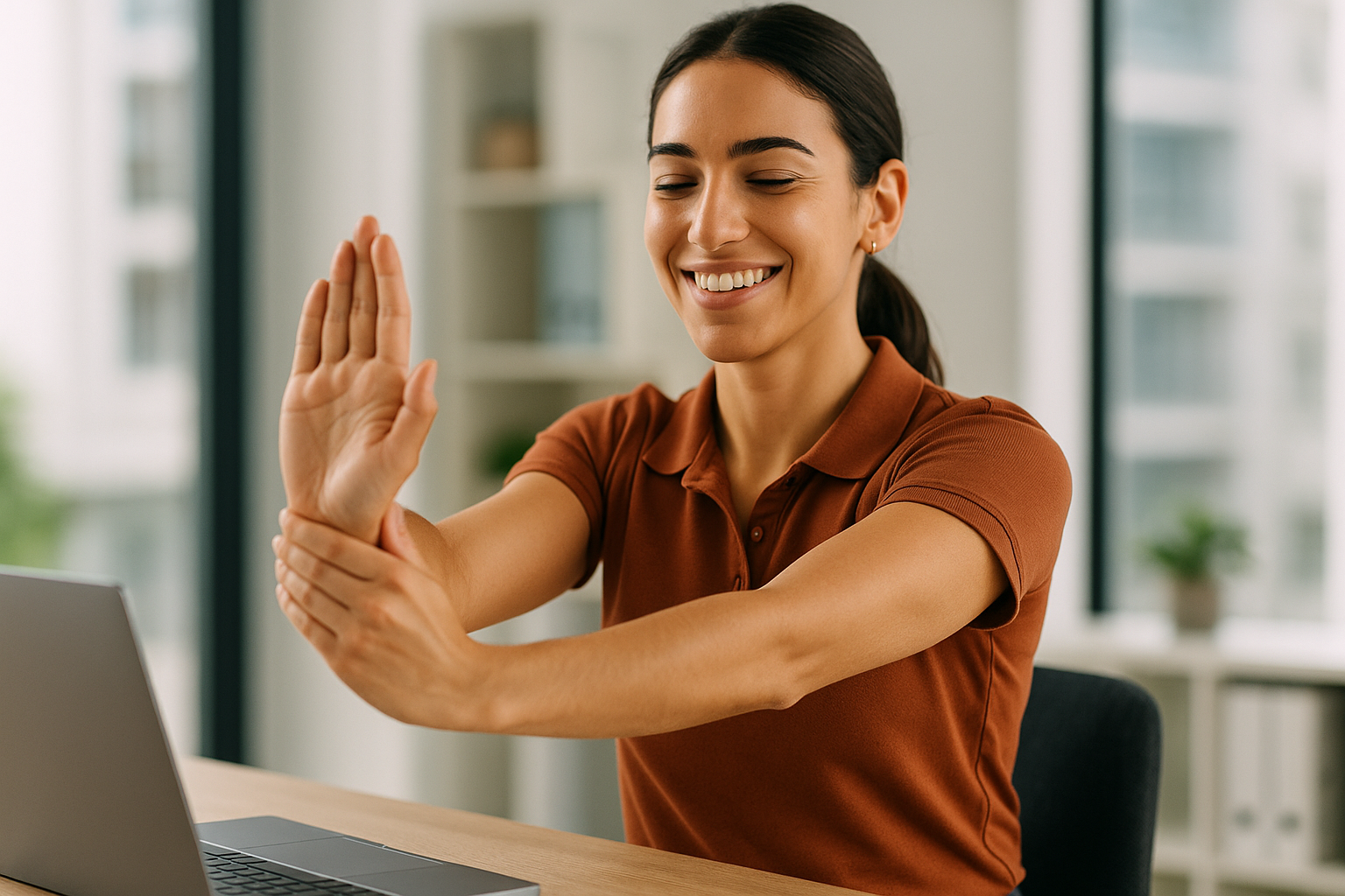 Smiling young woman performing Hand and Wrist Stretches for Office Workers at her desk, demonstrating ergonomic exercise guidance promoted by Physio Cure Dubai clinic.