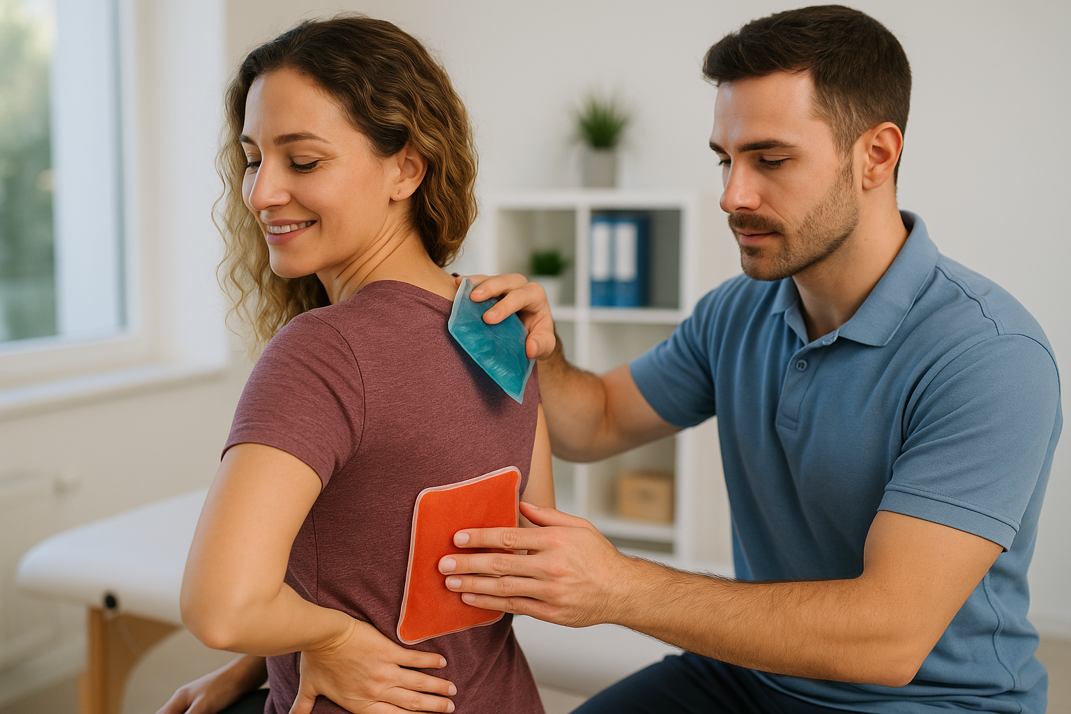 Physical therapist applies blue ice pack and red heat pack to female patient’s upper and lower back in Physio Cure Dubai clinic, illustrating Heat vs. Ice for Back Pain Relief therapy.