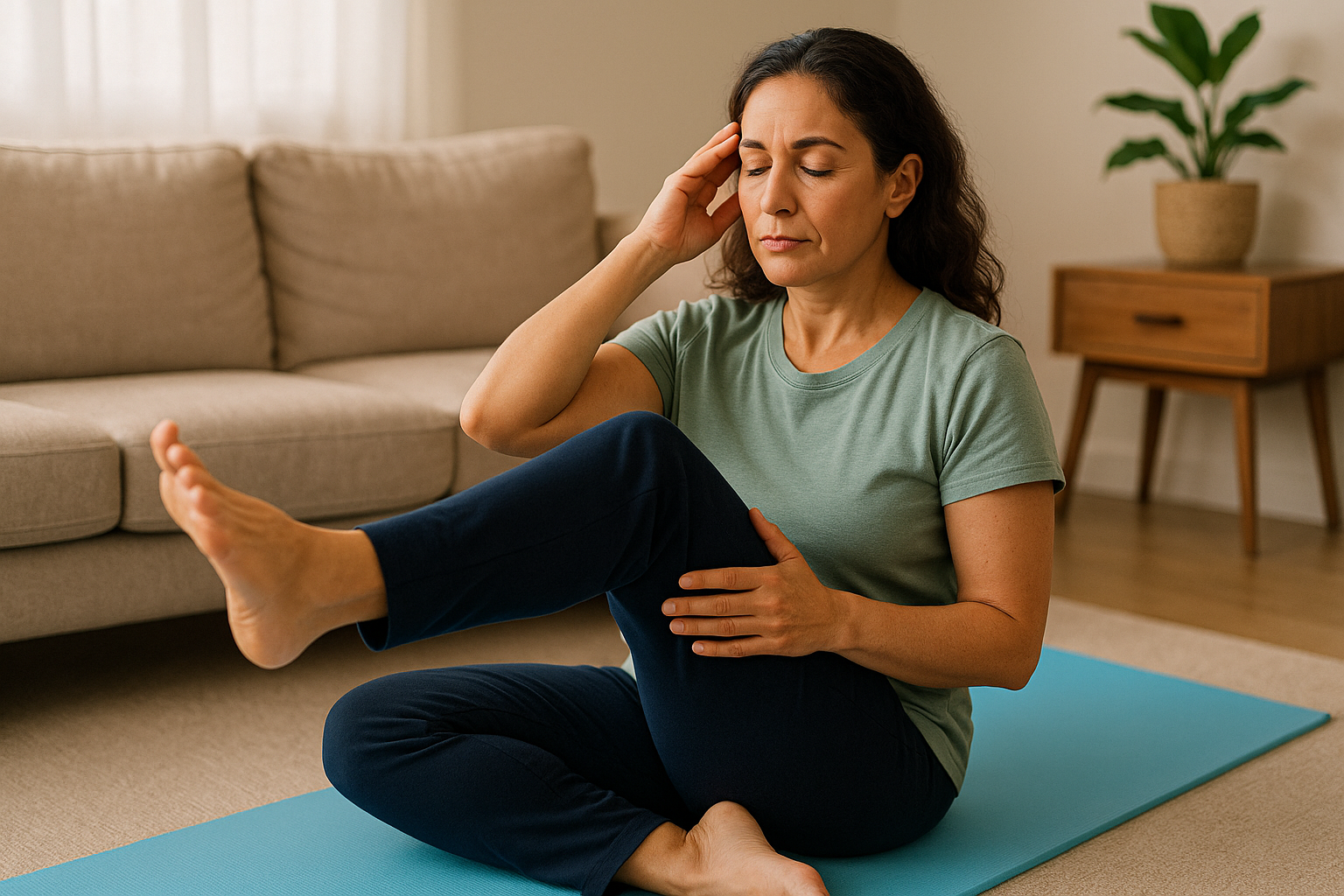 Middle-aged woman performing seated balance stretch on yoga mat in living room, demonstrating Physio Cure Dubai clinic Home Exercises for Dizziness Relief program