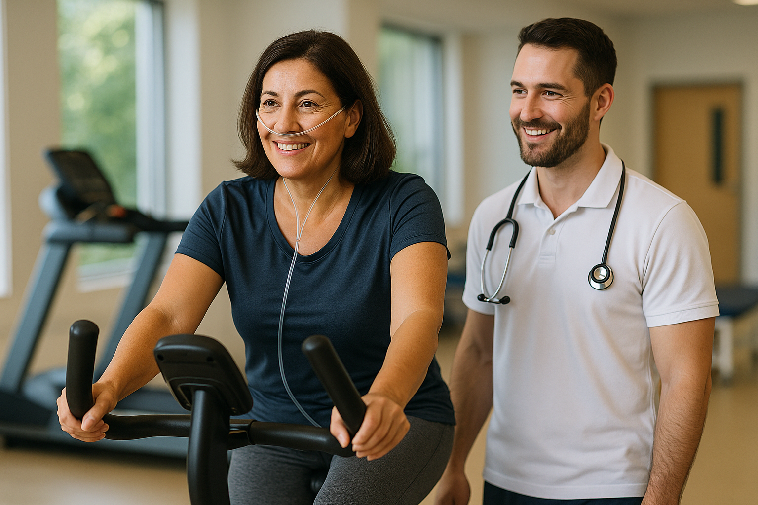 Smiling middle-aged woman on stationary bike with nasal cannula exercising under guidance of physiotherapist at Physio Cure Dubai clinic, illustrating How Cardiopulmonary Rehab Improves Endurance