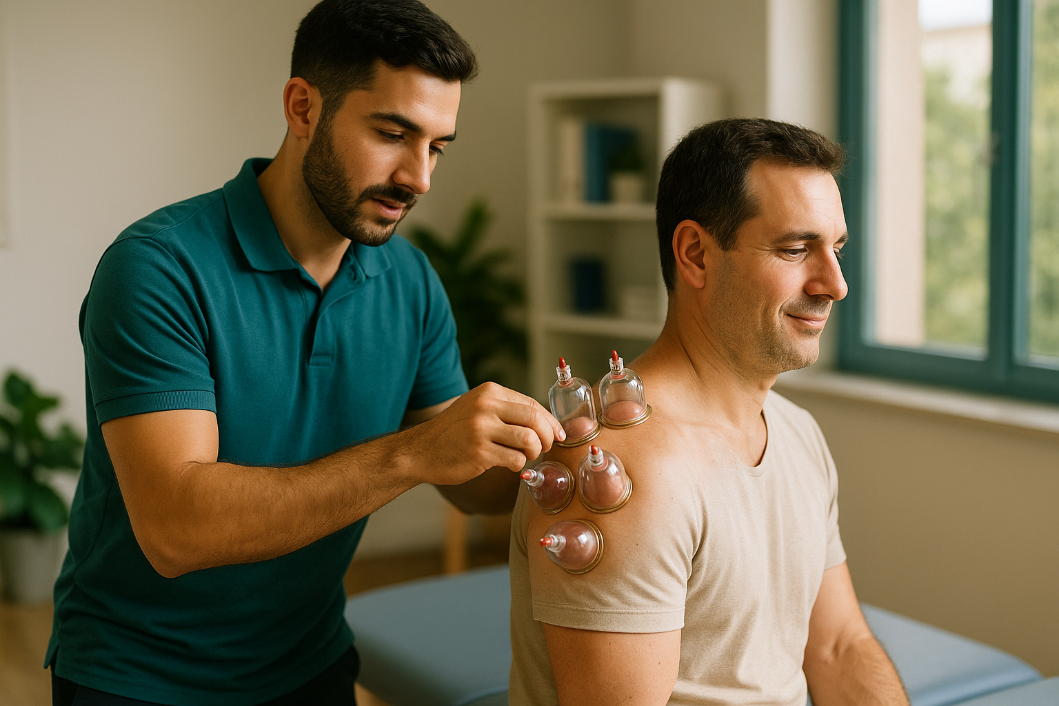 Physio Cure Dubai clinic therapist applying shoulder cupping treatment on male patient, demonstrating How Cupping Therapy Improves Circulation and relieves muscle tension.