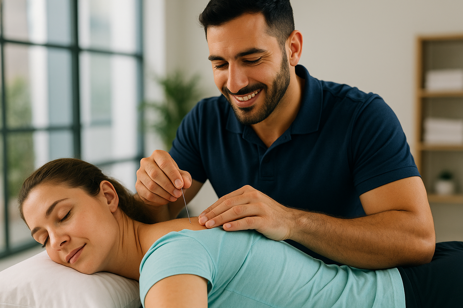 Physio Cure Dubai clinic therapist performing dry needling on a relaxed patient’s shoulder, illustrating How Dry Needling Improves Muscle Recovery in a bright treatment room