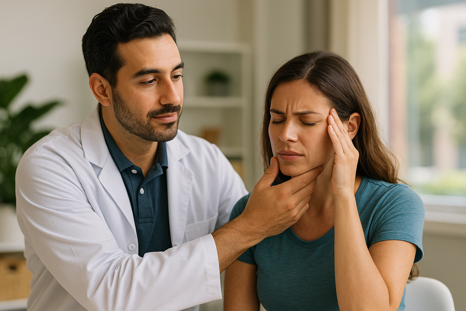 Physio Cure Dubai clinic therapist assessing woman’s jaw to explain How Jaw Alignment Affects Headaches and relieve TMJ pain