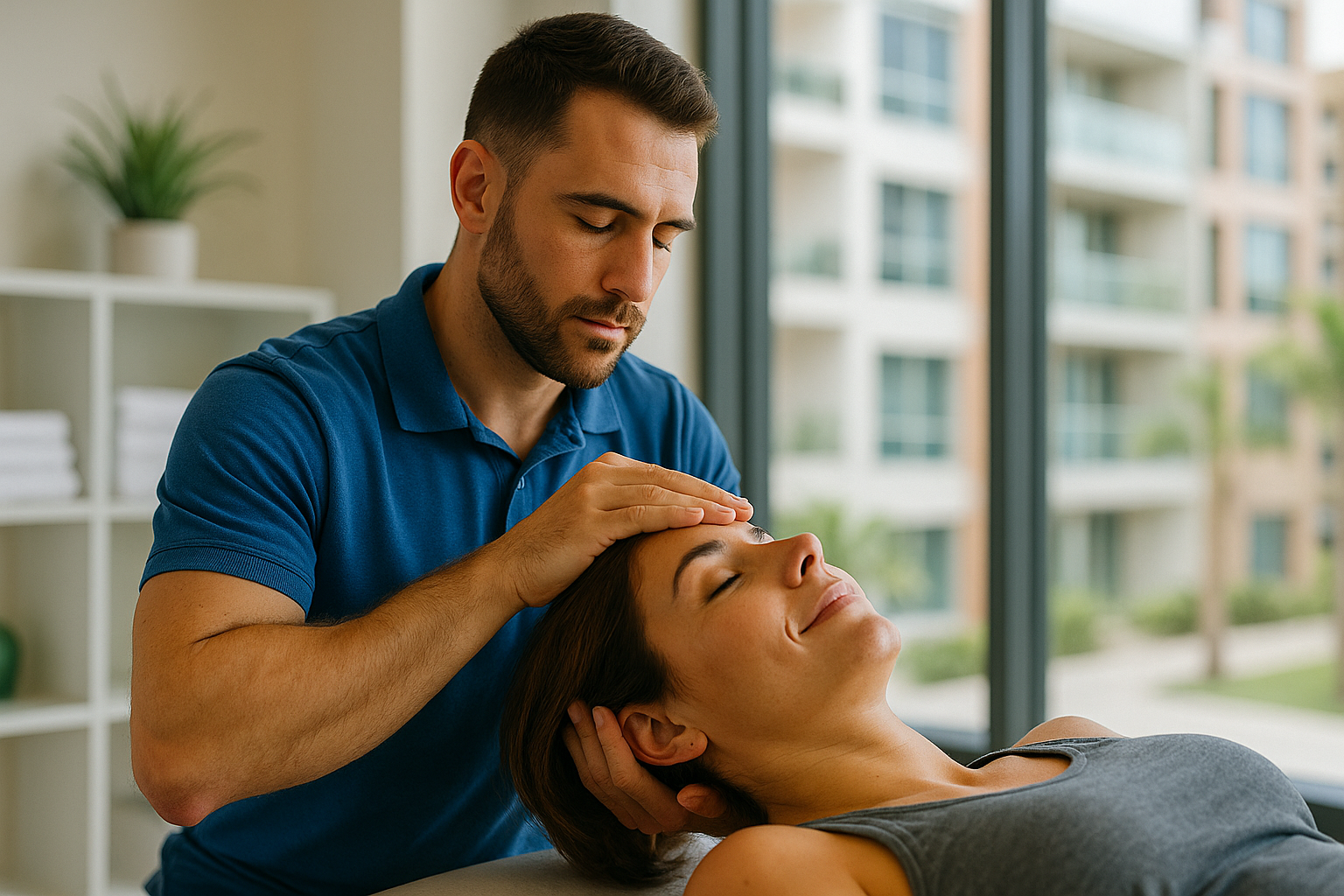 Physio Cure Dubai clinic therapist performing gentle cranial manual therapy on relaxed female patient, illustrating How Manual Therapy Helps with Headaches in a bright modern treatment room