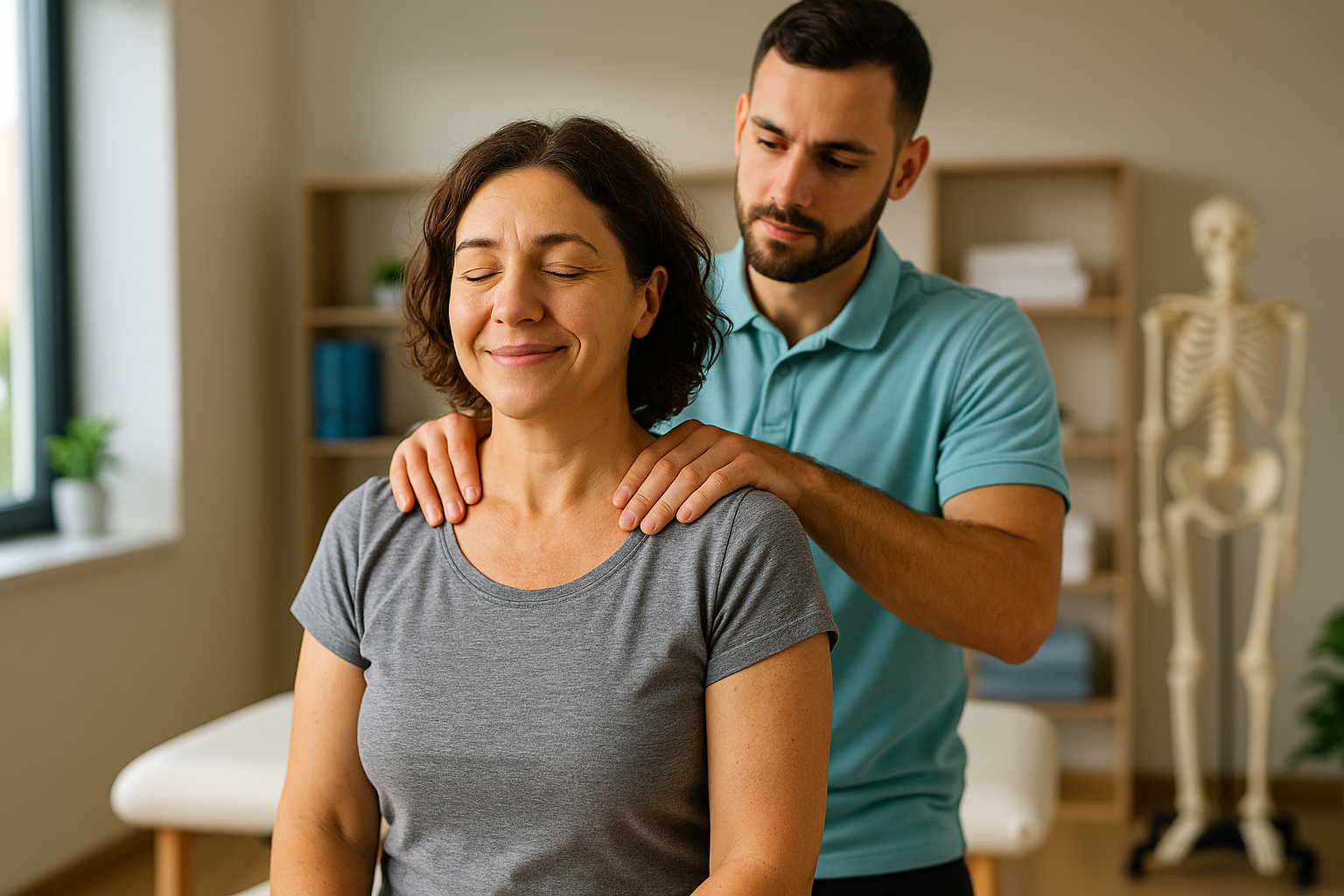 Smiling middle-aged woman receiving gentle shoulder massage from therapist in bright treatment room at Physio Cure Dubai clinic, illustrating How Massage Therapy Helps Manage Fibromyalgia pain relief and relaxation.
