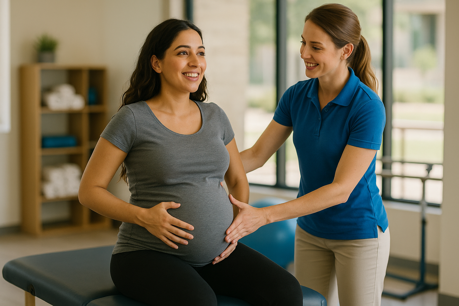 Pregnant woman receiving gentle abdominal support from a female physiotherapist during a prenatal therapy session at Physio Cure Dubai clinic, illustrating How Physiotherapy Helps During Pregnancy by easing discomfort and promoting maternal wellness.