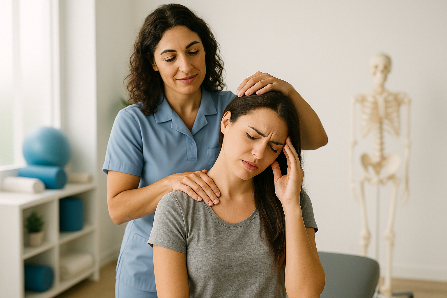 Physio Cure Dubai clinic therapist performing neck and shoulder adjustment on woman experiencing head pain, illustrating How Poor Posture Contributes to Headaches and how physiotherapy alleviates tension.