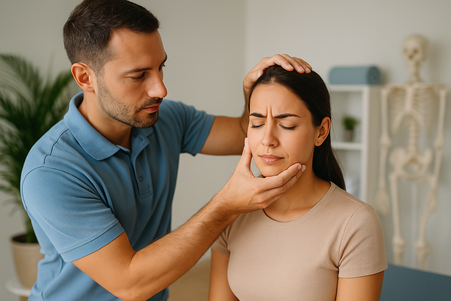 Physio Cure Dubai clinic therapist gently assessing female patient’s jaw to demonstrate How Stress Affects TMJ Pain and the importance of professional physiotherapy care.